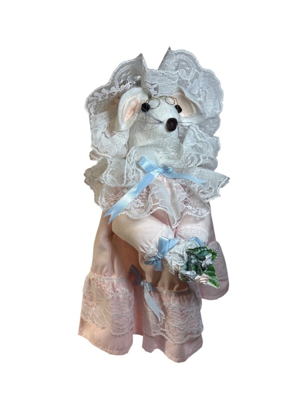 Country Mouse Doll Pink & Lace Dress Blue Ribbon Bouquet Glasses 13" Handmade Vt